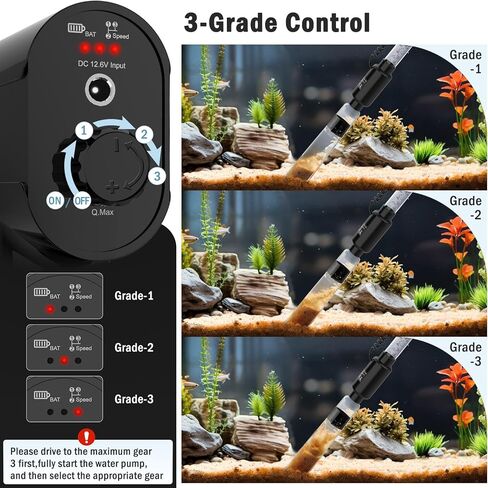 منظف ​​الحصى الكهربائي القابل لإعادة الشحن من AQQA، أدوات تنظيف خزان الأسماك لتدفق المياه قابلة للتعديل، منظف الحصى الكهربائي لحوض السمك، مضخة قوية، رمل الغسيل، مغير المياه، إزالة الأوساخ (L) in Kuwait