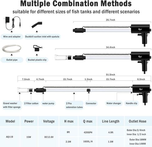 منظف ​​الحصى الكهربائي القابل لإعادة الشحن من AQQA، أدوات تنظيف خزان الأسماك لتدفق المياه قابلة للتعديل، منظف الحصى الكهربائي لحوض السمك، مضخة قوية، رمل الغسيل، مغير المياه، إزالة الأوساخ (L) in Kuwait