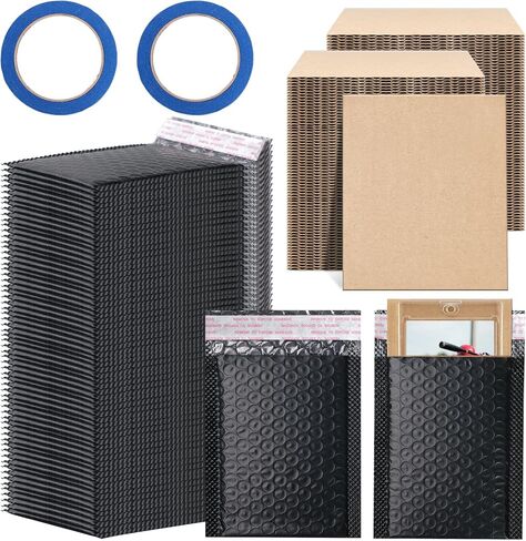 362 Pcs Trading Card Shipping Protector Set Include 240 Corrugated Cardboard Sheets 120 White Poly Bubble Mailers, Card Mailers Padded Envelopes and 2 Masking Tape for Trading Card Packaging (Black) in Saudi Arabia