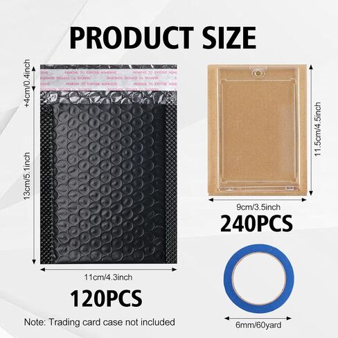 362 Pcs Trading Card Shipping Protector Set Include 240 Corrugated Cardboard Sheets 120 White Poly Bubble Mailers, Card Mailers Padded Envelopes and 2 Masking Tape for Trading Card Packaging (Black) in Saudi Arabia