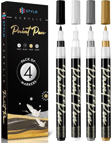 Stylo 4 Count Acrylic Metallic Pens - Rose Gold Paint Pens - Fine Tip Permanent Acrylic Metallic Paint Markers for Rock Painting, Glass, Wood, Ideal for Arts and Crafts (Pack of 4, Rose Gold) in Kuwait