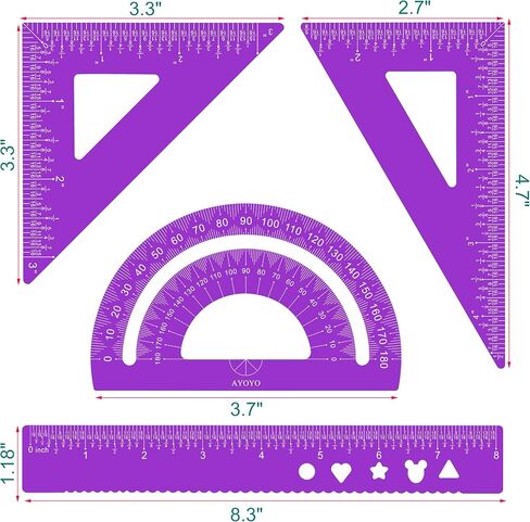 مجموعة أدوات هندسية معدنية محمولة من AYOYO مكونة من 4 قطع سوداء مقاس 8 بوصات مسطرة ألومنيوم مثلثة ومسطرة ملليمتر وبوصة صياغة منقلة للقياسات ومجموعة صياغة الزوايا in Saudi Arabia
