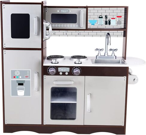 Kitchen Playset for Kids Ages 3-8, Wooden Pretend Play Kitchen for Toddlers, Including Telephone, Ice Maker, Refrigerator, Dimensions: 35" H x 31" W x 12" D (Brown) in Saudi Arabia