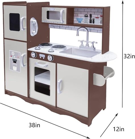 Kitchen Playset for Kids Ages 3-8, Wooden Pretend Play Kitchen for Toddlers, Including Telephone, Ice Maker, Refrigerator, Dimensions: 35" H x 31" W x 12" D (Brown) in Saudi Arabia