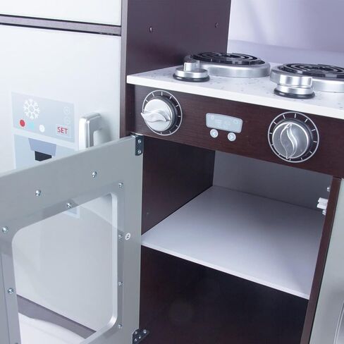 Kitchen Playset for Kids Ages 3-8, Wooden Pretend Play Kitchen for Toddlers, Including Telephone, Ice Maker, Refrigerator, Dimensions: 35" H x 31" W x 12" D (Brown) in Saudi Arabia