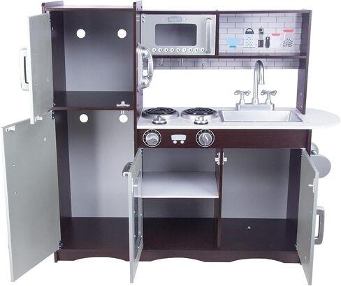 Kitchen Playset for Kids Ages 3-8, Wooden Pretend Play Kitchen for Toddlers, Including Telephone, Ice Maker, Refrigerator, Dimensions: 35" H x 31" W x 12" D (Brown) in Saudi Arabia
