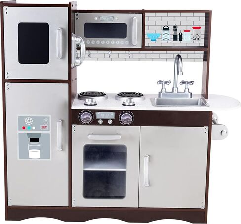 Kitchen Playset for Kids Ages 3-8, Wooden Pretend Play Kitchen for Toddlers, Including Telephone, Ice Maker, Refrigerator, Dimensions: 35" H x 31" W x 12" D (Brown) in Saudi Arabia