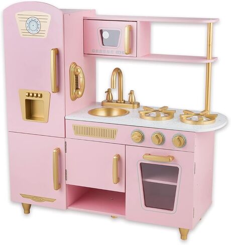 Kitchen Playset for Kids Ages 3-8, Wooden Pretend Play Kitchen for Toddlers, Including Telephone, Ice Maker, Refrigerator, Dimensions: 35" H x 31" W x 12" D (Brown) in Saudi Arabia