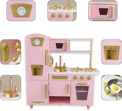 Kitchen Playset for Kids Ages 3-8, Wooden Pretend Play Kitchen for Toddlers, Including Telephone, Ice Maker, Refrigerator, Dimensions: 35" H x 31" W x 12" D (Brown) in Saudi Arabia