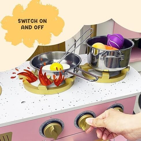 Kitchen Playset for Kids Ages 3-8, Wooden Pretend Play Kitchen for Toddlers, Including Telephone, Ice Maker, Refrigerator, Dimensions: 35" H x 31" W x 12" D (Brown) in Saudi Arabia