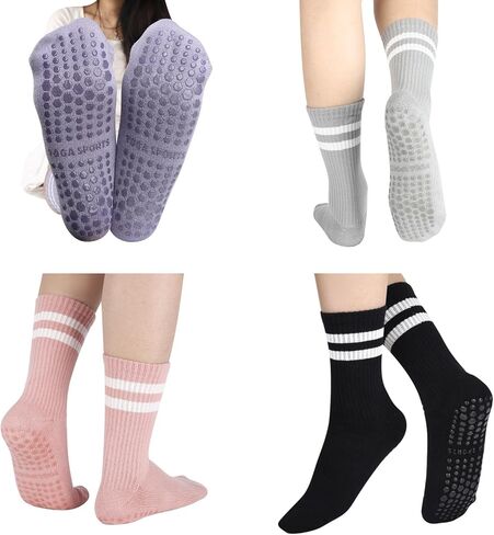 Pilates Socks with Grips for Women, Non Slip Yoga Socks, Anti Skid Socks for Yoga Pilates Gym Sports 4 Pairs in Kuwait