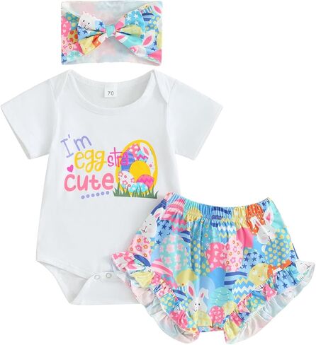 Fernvia Infant Baby Girls Easter Outfits Short Sleeve Rabbit Print Romper Elastic Waist Shorts with Hairband 3Pcs Clothes Set in Kuwait