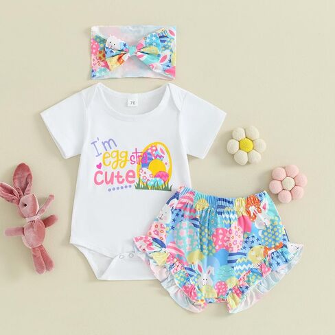 Fernvia Infant Baby Girls Easter Outfits Short Sleeve Rabbit Print Romper Elastic Waist Shorts with Hairband 3Pcs Clothes Set in Kuwait