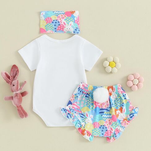 Fernvia Infant Baby Girls Easter Outfits Short Sleeve Rabbit Print Romper Elastic Waist Shorts with Hairband 3Pcs Clothes Set in Kuwait