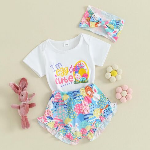 Fernvia Infant Baby Girls Easter Outfits Short Sleeve Rabbit Print Romper Elastic Waist Shorts with Hairband 3Pcs Clothes Set in Kuwait