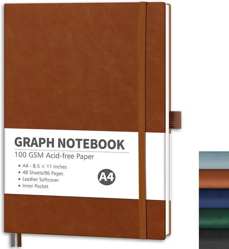 RETTACY Graph Paper Notebook, A4 Grid Notebook Journal with 96 Pages, 8.5'' × 11'', Large Size, Leather Softcover, 100 GSM Thick Paper, for Students, Homework, Math, Engineering (Brown) in Saudi Arabia