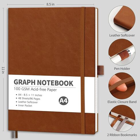 RETTACY Graph Paper Notebook, A4 Grid Notebook Journal with 96 Pages, 8.5'' × 11'', Large Size, Leather Softcover, 100 GSM Thick Paper, for Students, Homework, Math, Engineering (Brown) in Saudi Arabia