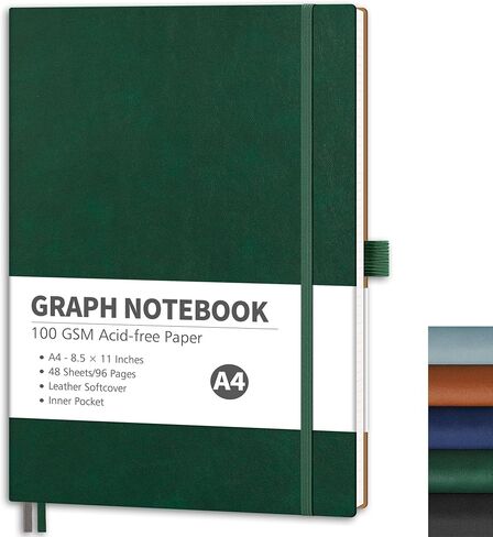 RETTACY Graph Paper Notebook, A4 Grid Notebook Journal with 96 Pages, 8.5'' × 11'', Large Size, Leather Softcover, 100 GSM Thick Paper, for Students, Homework, Math, Engineering (Brown) in Saudi Arabia