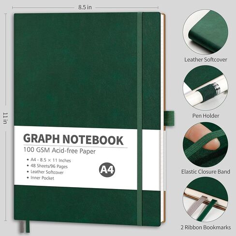 RETTACY Graph Paper Notebook, A4 Grid Notebook Journal with 96 Pages, 8.5'' × 11'', Large Size, Leather Softcover, 100 GSM Thick Paper, for Students, Homework, Math, Engineering (Brown) in Saudi Arabia