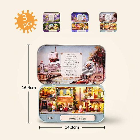 WYD Sweet Dreams/Starlight Tour/Walking Paris 3 Miniature Dollhouse Kits Miniature Scenes Small Iron Box Creative Scene Box Theater（3pcs） in Saudi Arabia