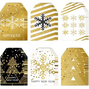 Konsait Happy New Year Gift Tags with String, 60 Pack 2025 Happy New Year Present Tags Pre-Punched, Gold and Black Design Holiday Gift Tag New Year Gift Wrapping Accessories, 2025 Gift Crafts Supplies