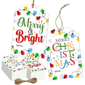 50pcs Christmas Gift Tags Merry Christmas Paper Gift Tags with String Watercolor Xmas Tree Pinecone Hanging Labels Gift Wrapping Tags for Christmas Winter Holidays DIY Party Favor Decor