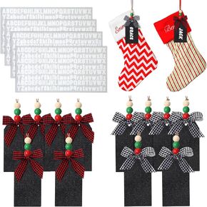16 Pcs Christmas Stocking Name Tags with 4 Sheets Adhesive Letter Stickers Christmas Stocking Wood Tags with Buffalo Plaid Row and Beads Chalkboard Labels(Light Brown with Wood Beads)