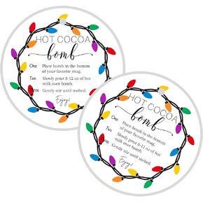 Hot Cocoa Bomb Instruction Cards | 30 Pack | 2.5" inch Circle Tag with Pre-Cut Hole | Hot Cocoa Bomb Supplies | Christmas Lights Holiday String Lights Design