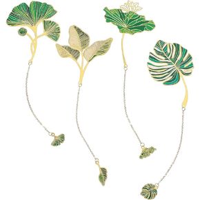 4pcs Metal Bookmarks with Chain Lotus Leaf Bookmark Birthday Gifts Teacher Christmas Gifts Unique Plant Gifts Literary Accessory Appreciation Stuffers for Women Grils Readers Writers Book Lovers