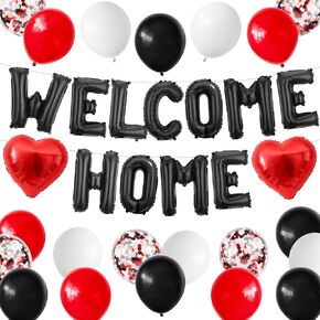 Welcome Home Decorations Navy Blue Silver,Welcome Home Foil Balloon Banner with Confetti Balloons,Silver Heart Balloons Pennant Flag Bunting for Baby Shower Home Family Party Supplies