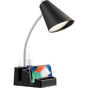 LED Desk Lamp with 1 USB Charging Port and 1 AC Outlet, Organizer Base, Adjustable Neck, On/Off Switch, Modern Table Lamp for Reading, Working, Studying, Gentle Warm White Light, Eye Protect