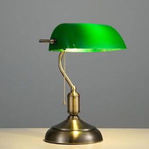 Bankers Lamp, Green Desk Lamp with Pull Chain Switch, 3 Lighting Color Mid Century Banker's Desk Light for Home Office Library Christmas (Green Plastic Lampshade)