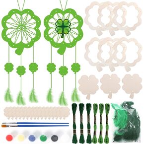 CINAFOOK 6 Pack St. Patricks Day Dream Catcher Craft Kit for Kids Paint You Own Four Leaf Clover Dream Catcher Ornaments DIY Coloring Wooden Craft for Art Activity St.Patrick's Day Decoration