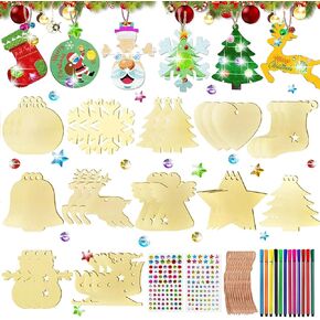 286Pcs Wooden Christmas Ornaments, Christmas Wooden Painting Craft Kit, Christmas Crafts for Kids, with Rhinestones Colored Pens Strings, for DIY Craft Making and Christmas Tree Ornaments