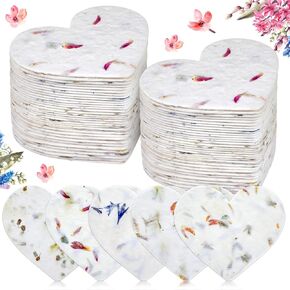 50 Pcs Handmade Seed Paper Plantable Wildflower Seed Paper Recycled Flower Petals Paper Tags Wedding Favors for Guests Craft Gifts Cards for Envelope Birthday Party, 5 Styles(Heart Shape)