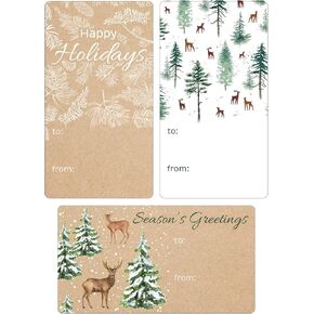 Woodland Deer Christmas Gift Tags, Green Trees, White Pine Cones on Kraft Gift Wrap Tags, Peel and Stick Christmas Gift Tags - 75 Count