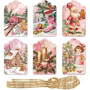 60pcs Pink Vintage Christmas Gift Hang Tag Pendant Party Decoration Supplies with String Merry Christmas Hanging Paper Tags for Present Gift Boxes Wrapping Cards Christmas Party Favors Decorations