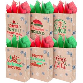 ysmile Small Christmas Gift Bag with Wrapping Tissue, Holiday Kraft Paper Bag - 24 Pack