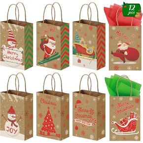 VGOODALL 30PCS Christmas Treat Bags with Tissue Paper, Kraft Paper Gift Bags with Handle Christmas Goodie Bags for Christmas Party Favors Gift Exchange