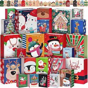24Pack Christmas Gift bags Assorted Sizes with 24 Christmas Gift Tags,Christmas Paper Bags with Handle, 6 Jumbo 6 Large 6 Medium 4 Small 2 Wine Gift Bags for Christmas Presents, Xmas Party Favors