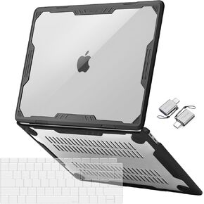 MOSISO Compatible with MacBook Air 13 inch Case 2022-2018 Release A2337 M1 A2179 A1932, Symmetric Geometric Heavy Duty Plastic Hard Shell with TPU Bumper&Keyboard Cover&Type C Adapter, Black