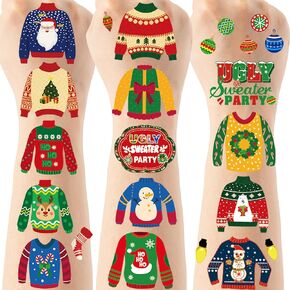 Christmas Party Temporary Tattoos Sticker - 3 Styles 6 Sheets Ugly Sweater Party Supplies Favors Tattoo, Birthday Home Activity Decorations, Treat Bag Stuffers for Kids Boys Girls