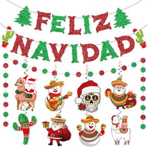 Feliz Navidad Decorations, No-Diy Feliz Navidad Christmas Decorations Includes Feliz Navidad Banner, Glitter Mexican Christmas Decorations Garland, Feliz Navidad Decor Hanging Swirls