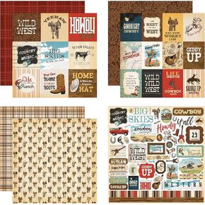 3 Western Scrapbook Paper - 1 Western Scrapbook Stickers, 12x12 Western Cowboy Scrapbook Paper - Red Bandana, Horse, Cowboy, Rodeo, Wild West Theme - Sticker, Scrapbooking Paper Western Theme Kit