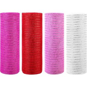 Adeeing 4 Rolls Valentine Day Poly Mesh Ribbon, Metallic Foil Mesh Ribbon 10 inch x 30 feet Each Roll Valentine Ribbon Mesh Wreath Supplies for DIY Project Wreath Swag Decorations