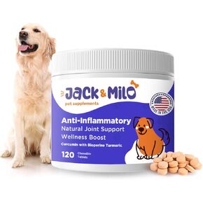 Supplement Anti Inflammatory for Dogs with Turmeric, Hip, and Joint - Dog Arthritis Pain Relief, Support for Mobility & Wellness, USA Made-GMP Certified, Non-GMO, 120 Tablets - Jack & Milo