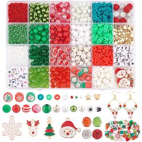 PH PandaHall 2037pcs Christmas Beads Kit, Glass Spacer Beads Acrylic Beads Enamel Pendants Moose Christmas Trees Green Red Beads for Bracelet Necklace Making DIY Crafts Jewelry Making