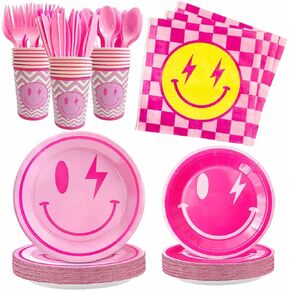 168PCS Preppy Party Decorations Preppy Party Favors Smile Face Party Decorations Preppy Cups Plates and Napkins Set Knives Forks Spoons Preppy Birthday Decorations For Girls Serve 24 Guests