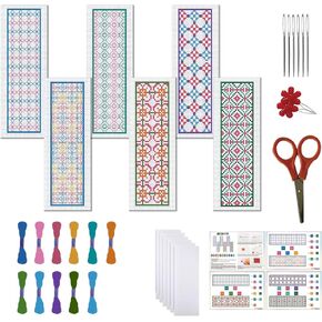 FREEBLOSS 6 Set Cross Stitch Bookmark Stamped Cross Stitch Kit with Colorful Grid Patterns Embroidery Kit with Instruction DIY Bookmark Kit for Gift Adults 8.66''x3.14''
