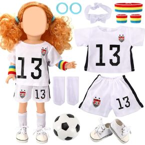 UPINS 18 Inch Girl Doll Clothes Accessories Team USA 8 Piece Soccer Uniform Clothing Includes Headband, Hair Bands, Bracers, Shirt, Shorts, Socks, Shoes and Football Fits for Children's Day
